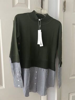 Veronica Beard Olive Green Mixed-Media Cowl Turtleneck Sweater